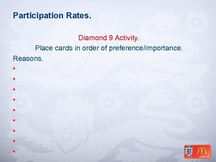 Participation Rates. Diamond 9 Activity. Place cards in order of preference/importance. Reasons. • •