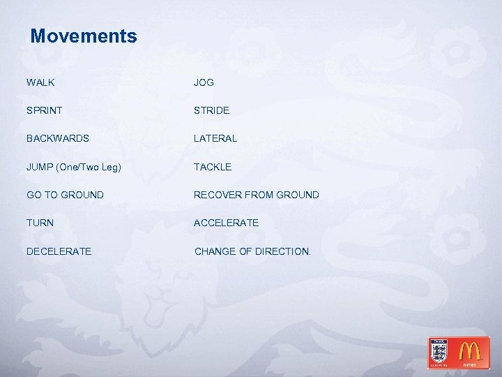 Movements WALK JOG SPRINT STRIDE BACKWARDS LATERAL JUMP (One/Two Leg) TACKLE GO TO GROUND