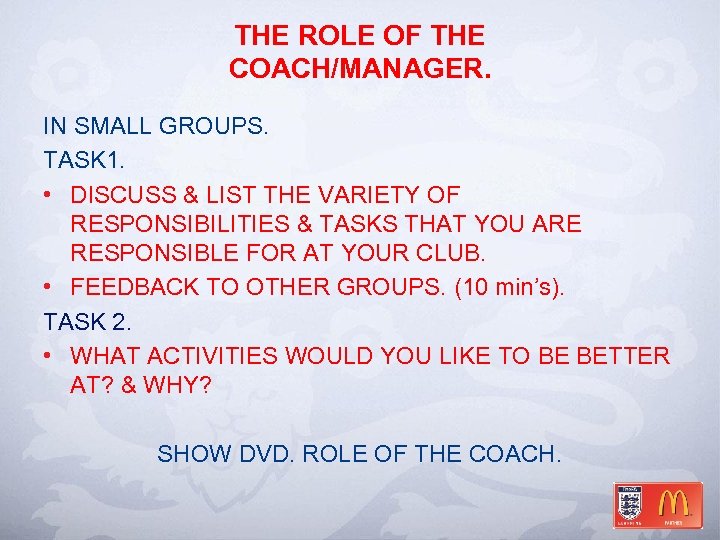 THE ROLE OF THE COACH/MANAGER. IN SMALL GROUPS. TASK 1. • DISCUSS & LIST
