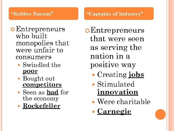 “Robber Barons” Entrepreneurs who built monopolies that were unfair to consumers Swindled the poor