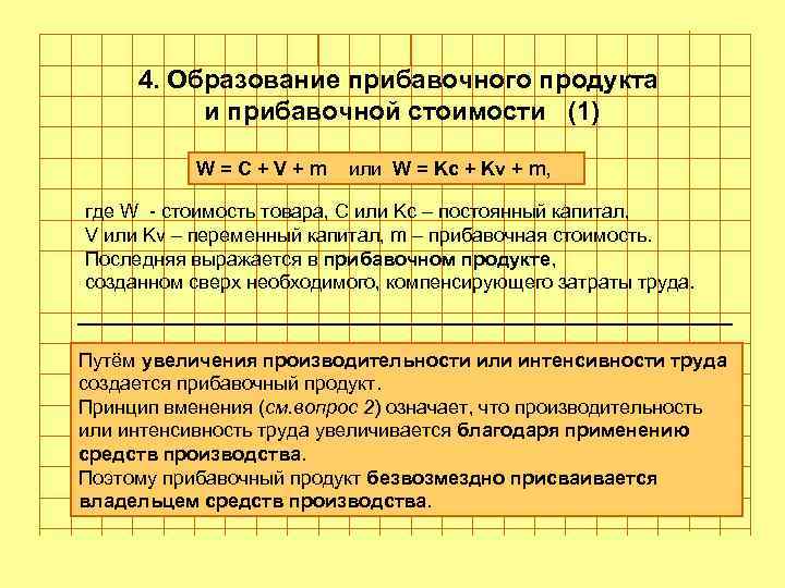 Голубев Алексей Геннадьевич 4. Образование прибавочного продукта и прибавочной стоимости (1) W=C+V+m или W