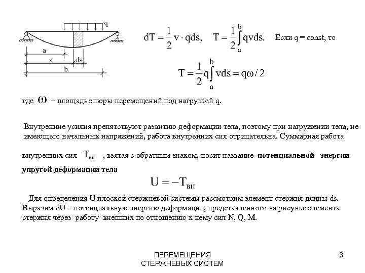 Если q = const, то где – площадь эпюры перемещений под нагрузкой q. Внутренние