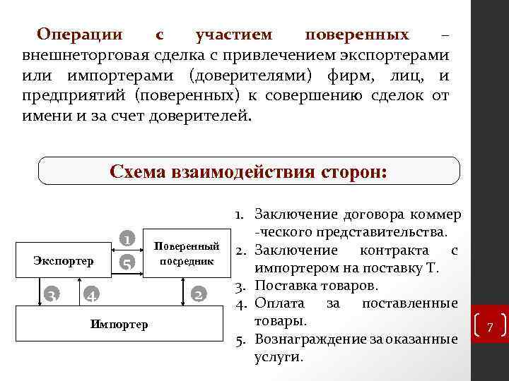 Операции с участием поверенных – внешнеторговая сделка с привлечением экспортерами или импортерами (доверителями) фирм,
