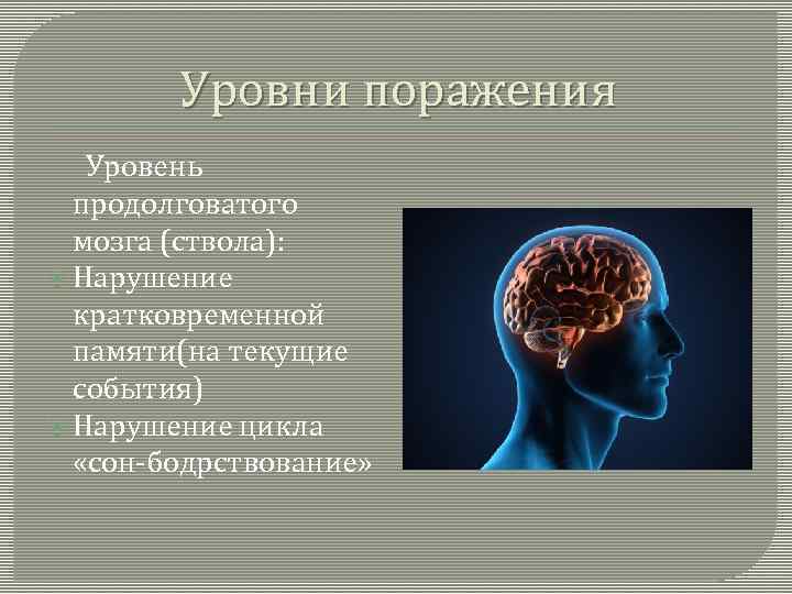 Уровни поражения Уровень продолговатого мозга (ствола): Нарушение кратковременной памяти(на текущие события) Нарушение цикла «сон-бодрствование»