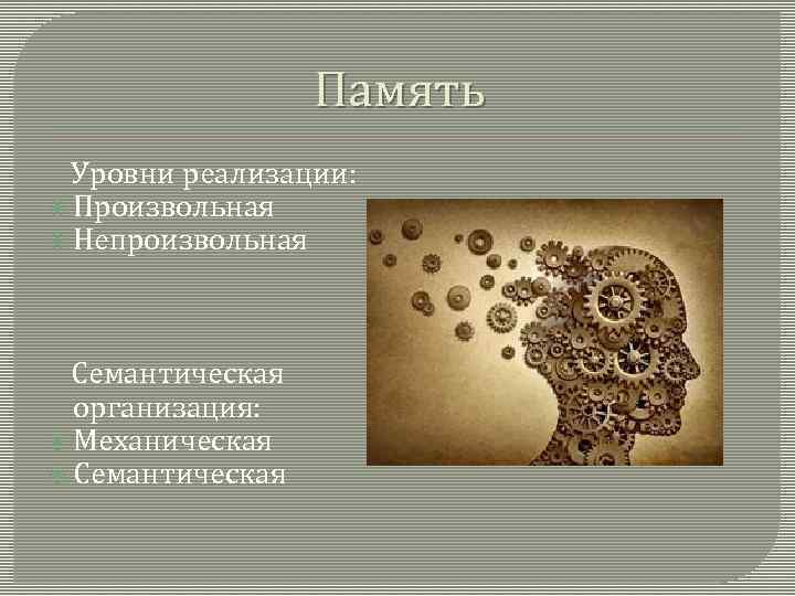 Память Уровни реализации: Произвольная Непроизвольная Семантическая организация: Механическая Семантическая 