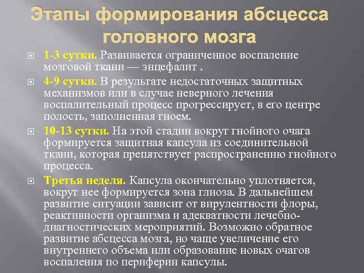 Этапы формирования абсцесса головного мозга 1 -3 сутки. Развивается ограниченное воспаление мозговой ткани —
