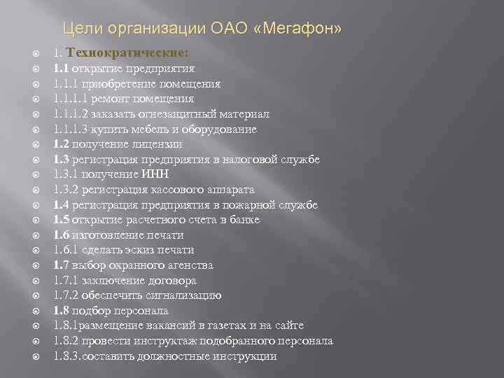 Цели организации ОАО «Мегафон» 1. Технократические: 1. 1 открытие предприятия 1. 1. 1 приобретение