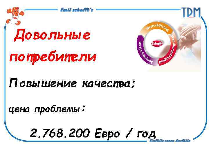 Довольные потребители Повышение качества; цена проблемы: 2. 768. 200 Eвро / год 