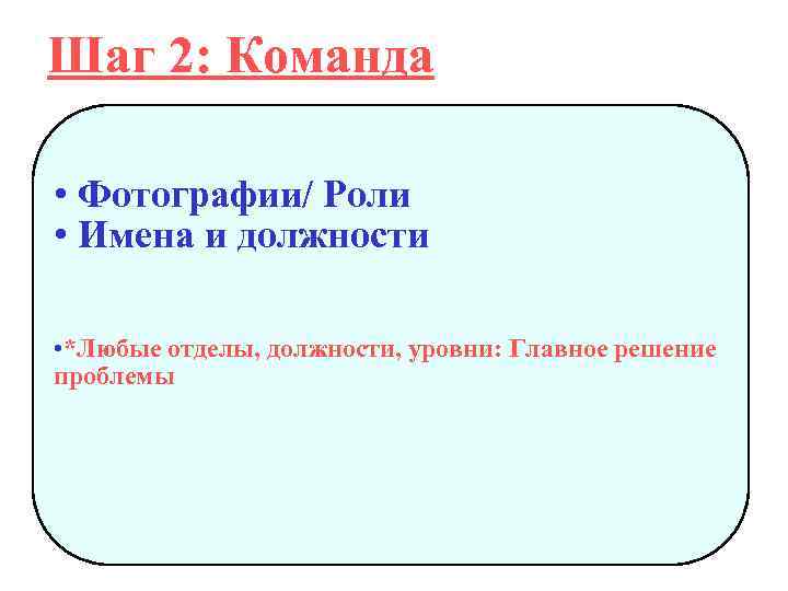 Шаг 2: Команда • Фотографии/ Роли • Имена и должности • *Любые отделы, должности,