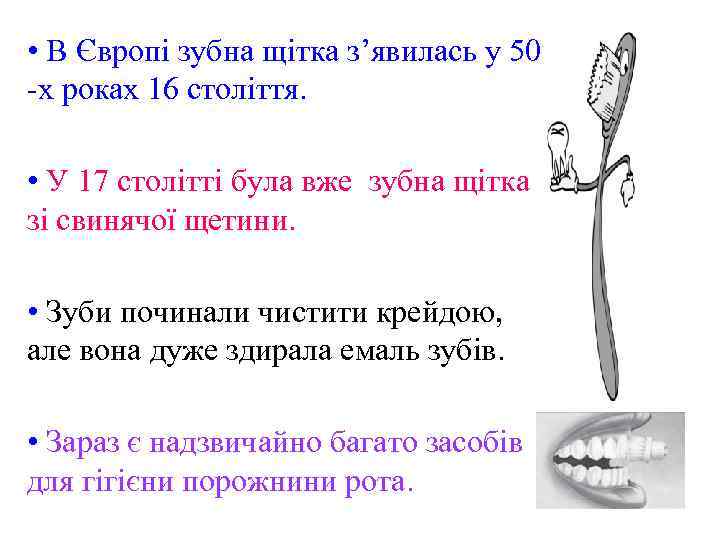  • В Європі зубна щітка з’явилась у 50 -х роках 16 століття. •