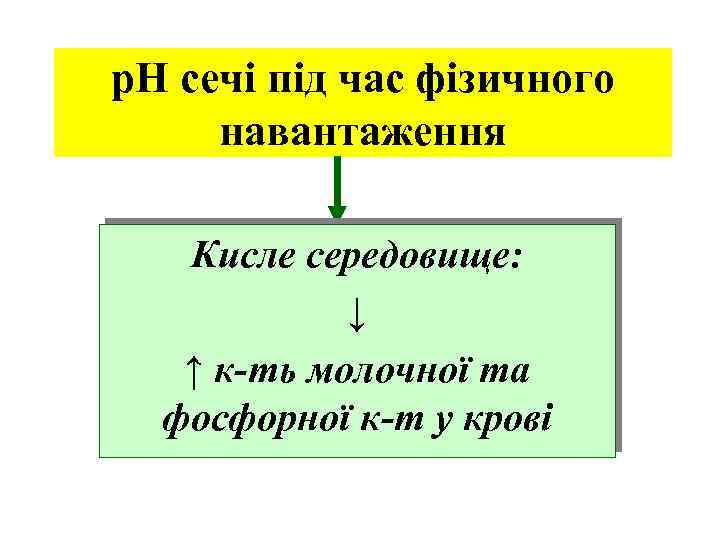 р. Н сечі під час фізичного навантаження Кисле середовище: ↓ ↑ к-ть молочної та