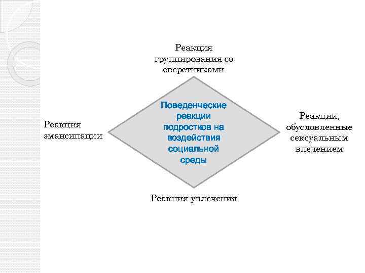 Реакция группирования со сверстниками Реакция эмансипации Поведенческие реакции подростков на воздействия социальной среды Реакция