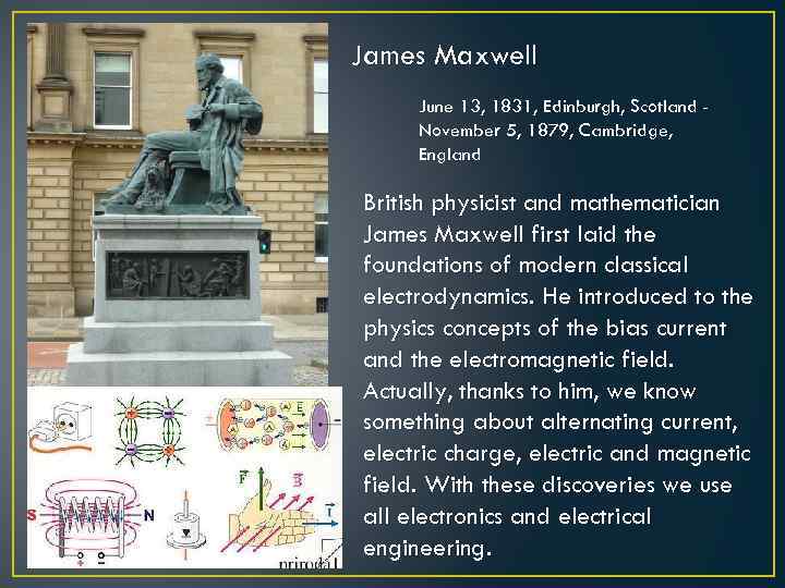 James Maxwell June 13, 1831, Edinburgh, Scotland November 5, 1879, Cambridge, England British physicist