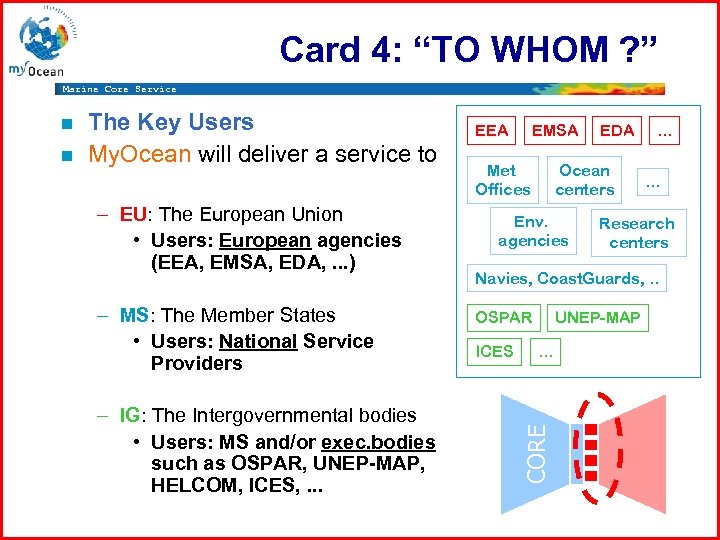 Card 4: “TO WHOM ? ” Marine Core Service n The Key Users My.