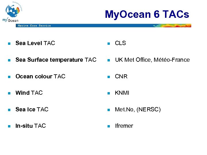 My. Ocean 6 TACs Marine Core Service n Sea Level TAC n CLS n