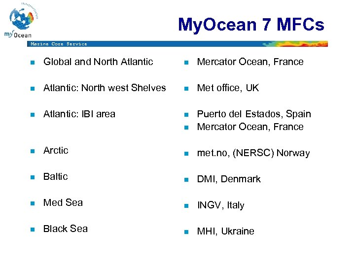 My. Ocean 7 MFCs Marine Core Service n Global and North Atlantic n Mercator