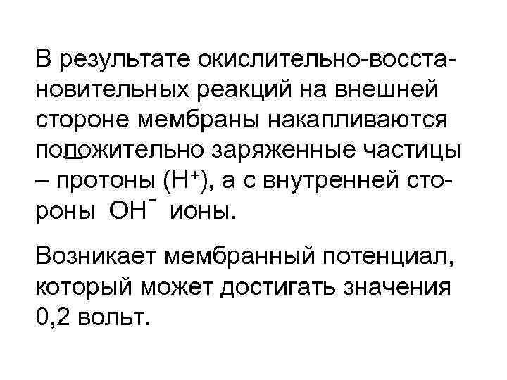 В результате окислительно-восстановительных реакций на внешней стороне мембраны накапливаются положительно заряженные частицы – протоны