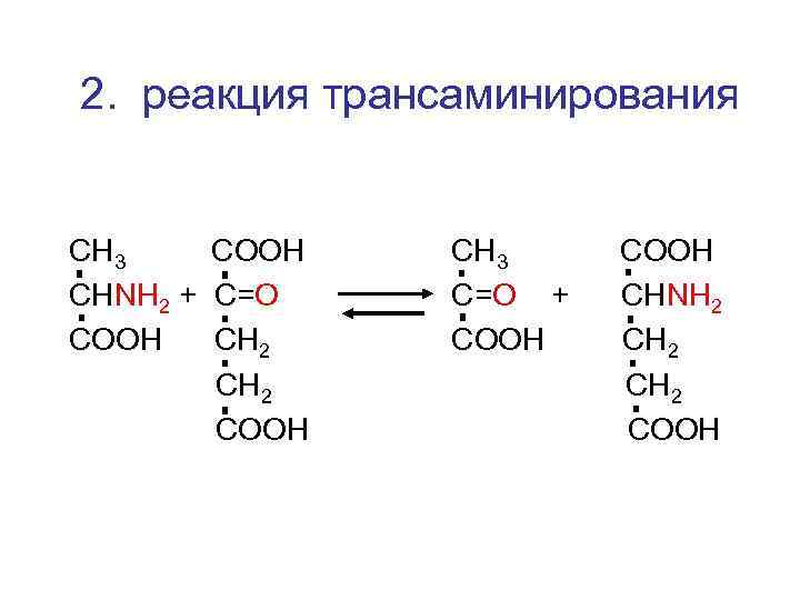 2. реакция трансаминирования СН 3 СООН СНNH 2 + C=О СООН СН 2 СООН