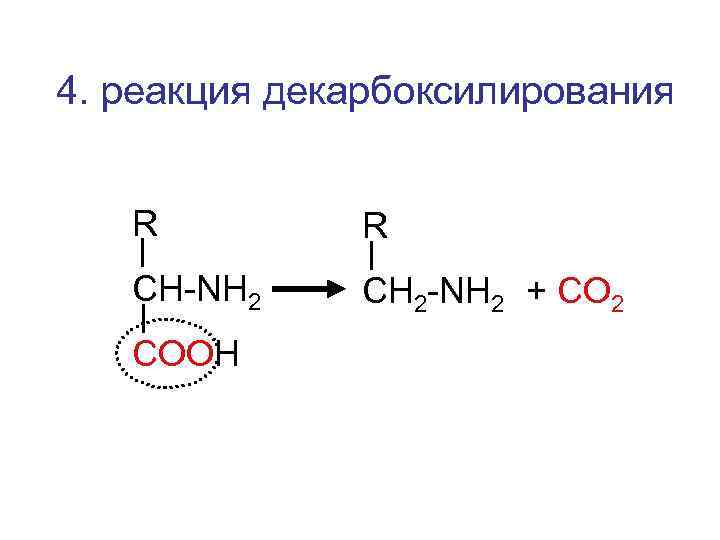 4. реакция декарбоксилирования R R CH-NH 2 CН 2 -NH 2 + СО 2
