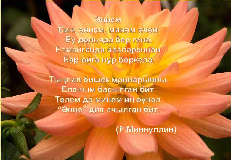 Әнием Син, әнием, минем өчен Бу дөньяда бер генә. Елмайганда йөзләреңнән Бар өйгә нур