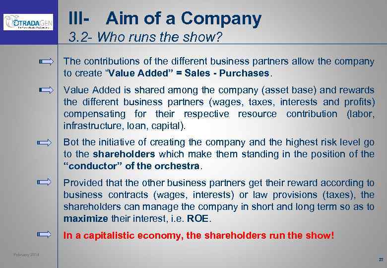 III- Aim of a Company 3. 2 - Who runs the show? The contributions