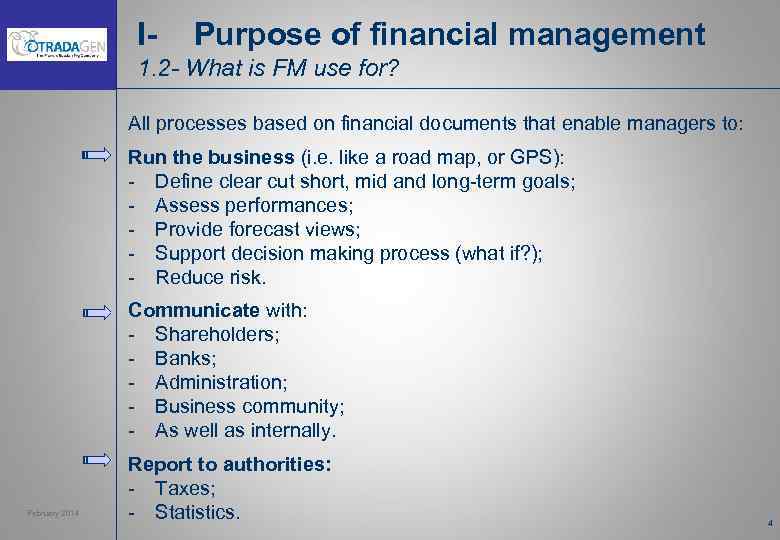 I- Purpose of financial management 1. 2 - What is FM use for? All