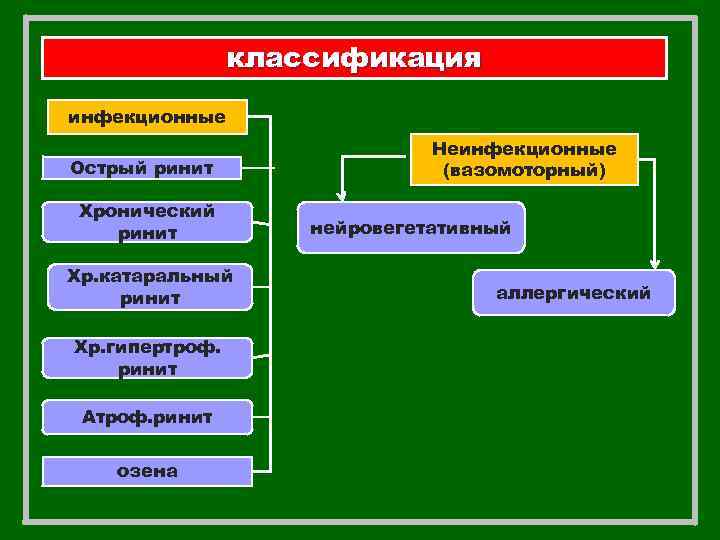 классификация инфекционные Острый ринит Хронический ринит Хр. катаральный ринит Хр. гипертроф. ринит Атроф. ринит