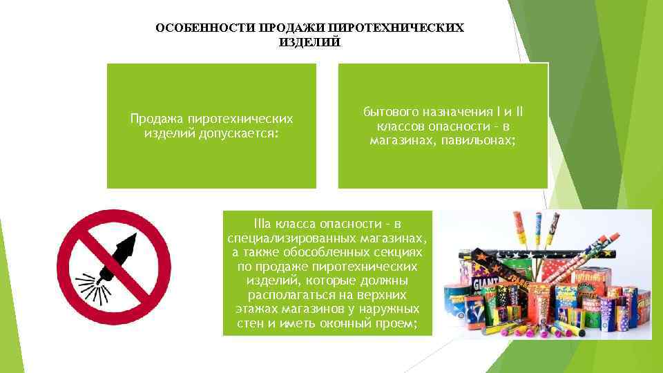 ОСОБЕННОСТИ ПРОДАЖИ ПИРОТЕХНИЧЕСКИХ ИЗДЕЛИЙ Продажа пиротехнических изделий допускается: бытового назначения I и II классов
