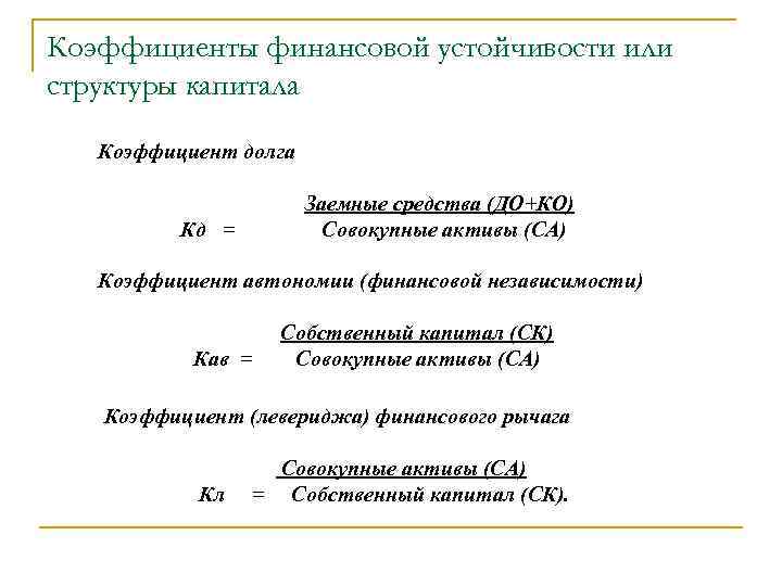 Коэффициенты финансовой устойчивости или структуры капитала Коэффициент долга Заемные средства (ДО+КО) Совокупные активы (СА)