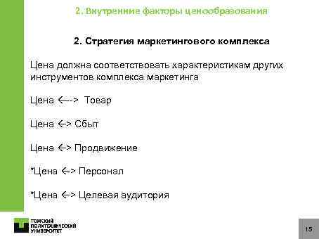 2. Внутренние факторы ценообразования 2. Стратегия маркетингового комплекса Цена должна соответствовать характеристикам других инструментов