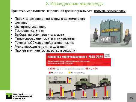 2. Исследование макросреды Принятие маркетинговых решений должно учитывать политическую среду: • • • Правительственная