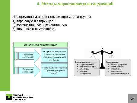 4. Методы маркетинговых исследований Информацию можно классифицировать на группы: 1) первичную и вторичную; 2)