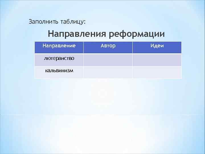 Заполнить таблицу: Направления реформации Направление лютеранство кальвинизм Автор Идеи 