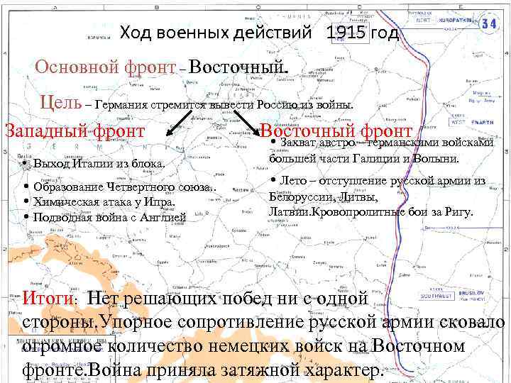 Ход военных действий 1915 год Основной фронт – Восточный. Цель – Германия стремится вывести