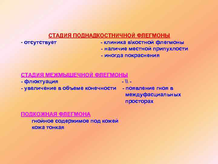 СТАДИЯ ПОДНАДКОСТНИЧНОЙ ФЛЕГМОНЫ - отсутствует - клиника вкостной флегмоны - наличие местной припухлости -