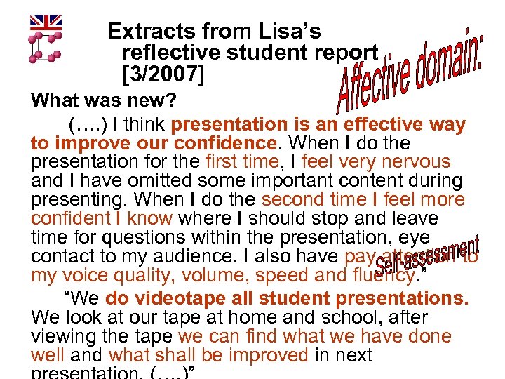 Extracts from Lisa’s reflective student report [3/2007] What was new? (…. ) I think