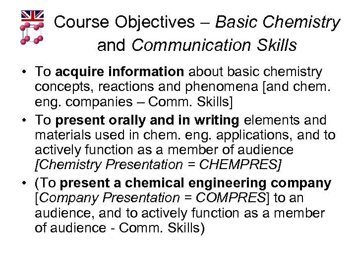 Course Objectives – Basic Chemistry and Communication Skills • To acquire information about basic