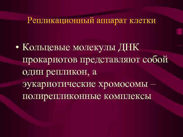 Репликационный аппарат клетки • Кольцевые молекулы ДНК прокариотов представляют собой один репликон, а эукариотические