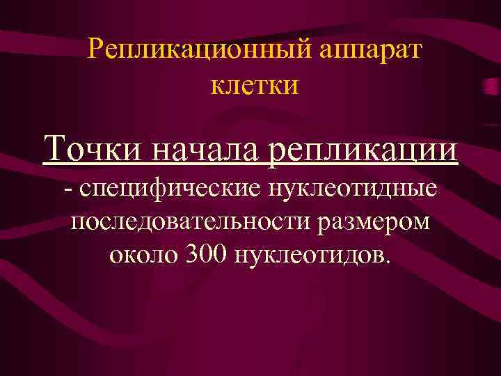 Репликационный аппарат клетки Точки начала репликации - специфические нуклеотидные последовательности размером около 300 нуклеотидов.