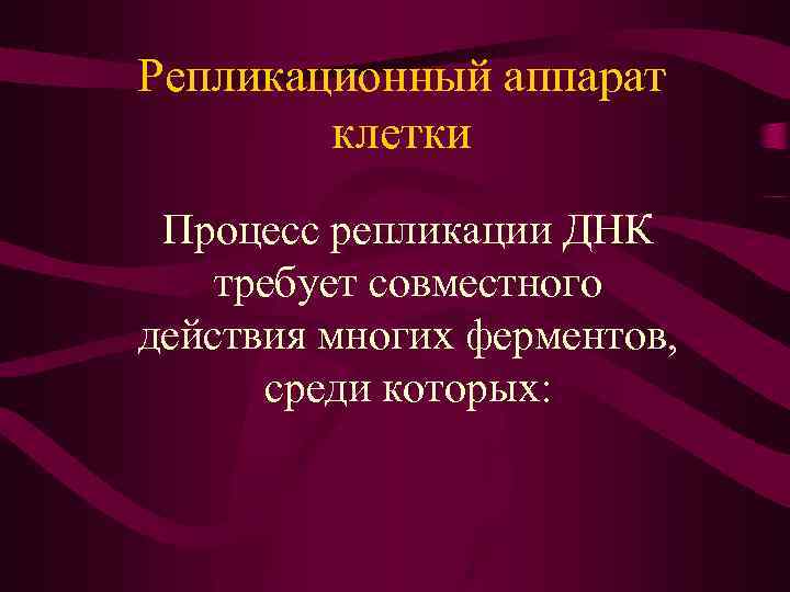 Репликационный аппарат клетки Процесс репликации ДНК требует совместного действия многих ферментов, среди которых: 