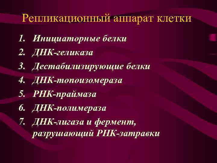 Репликационный аппарат клетки 1. 2. 3. 4. 5. 6. 7. Инициаторные белки ДНК-геликаза Дестабилизирующие