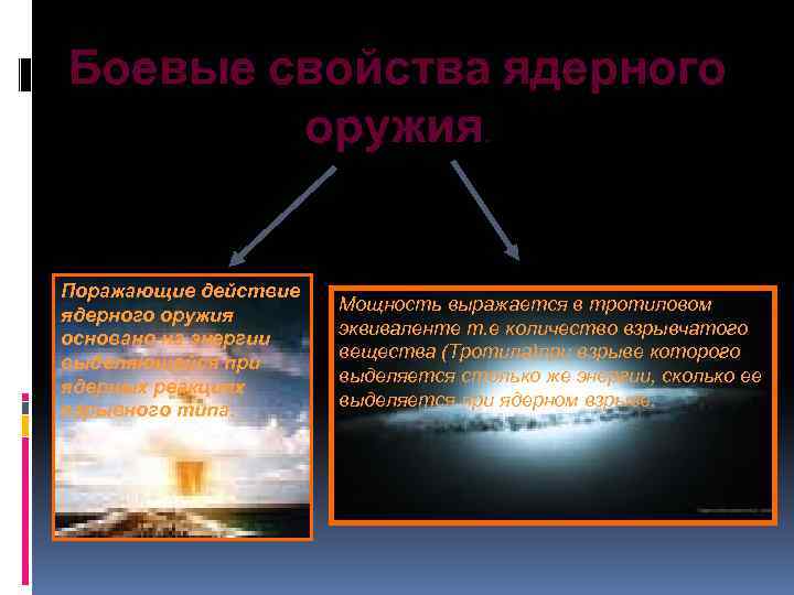 Боевые свойства ядерного оружия. Поражающие действие ядерного оружия основано на энергии выделяющейся при ядерных
