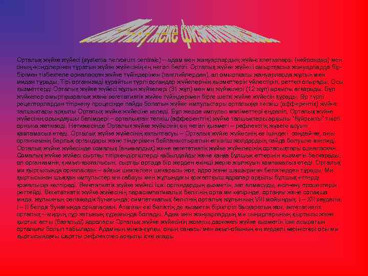 Орталық жүйке жүйесі (systema nervosum centrale) – адам мен жануарлардың жүйке клеткалары (нейрондар) мен