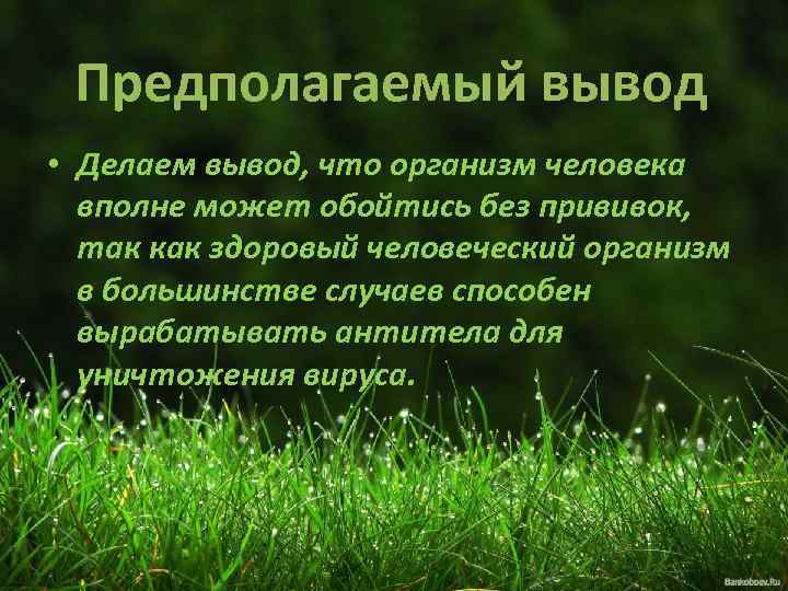 Предполагаемый вывод • Делаем вывод, что организм человека вполне может обойтись без прививок, так