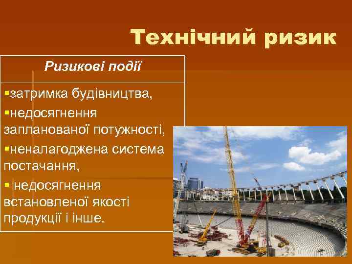 Технічний ризик Ризикові події §затримка будівництва, §недосягнення запланованої потужності, §неналагоджена система постачання, § недосягнення