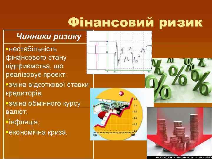 Фінансовий ризик Чинники ризику §нестабільність фінансового стану підприємства, що реалізовує проект; §зміна відсоткової ставки