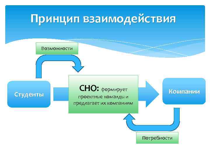 Принцип взаимодействия Возможности Студенты СНО: формирует проектные команды и предлагает их компаниям Компании Потребности