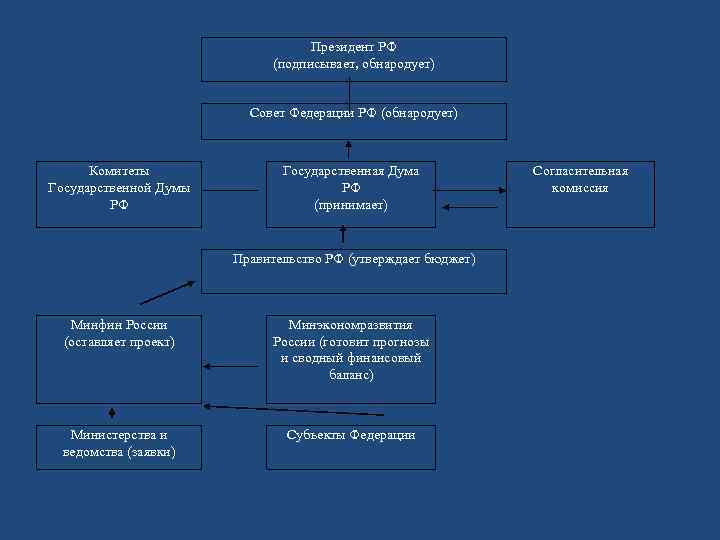  Президент РФ (подписывает, обнародует) Совет Федерации РФ (обнародует) Комитеты Государственной Думы РФ Государственная