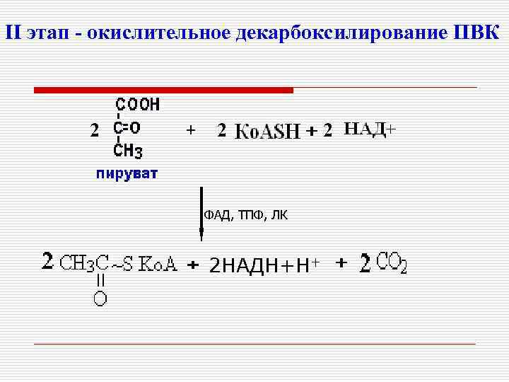 II этап - окислительное декарбоксилирование ПВК 2 2 ФАД, ТПФ, ЛК 2 НАДН+Н+ 2