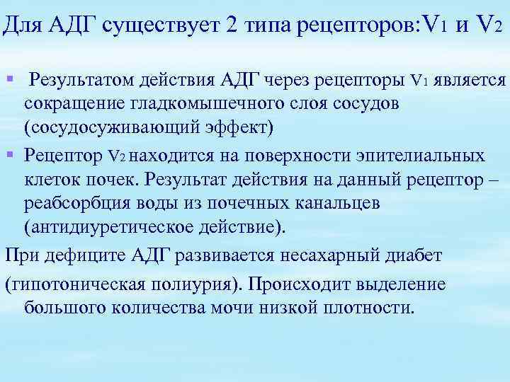 Для АДГ существует 2 типа рецепторов: V 1 и V 2 § Результатом действия